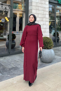 Kendinden Desenli Kraş Elbise Bordo