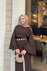 Kendinden Desenli Kraş Elbise Kahverengi