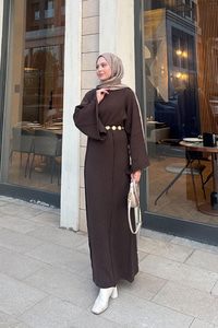 Kendinden Desenli Kraş Elbise Kahverengi