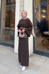 Kendinden Desenli Kraş Elbise Kahverengi