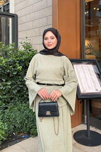 Kendinden Desenli Kraş Elbise Yeşil