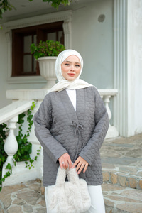 Kendinden Desenli Ön Bağlamalı Kimono Gri