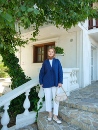 Kendinden Desenli Ön Bağlamalı Kimono Lacivert