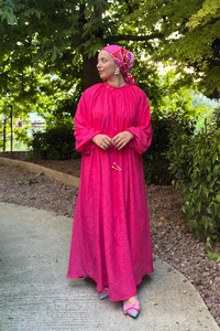 Kendinden Desenli Oversize Elbise Fuşya