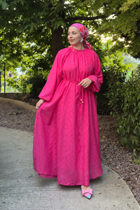 Kendinden Desenli Oversize Elbise Fuşya