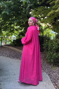 Kendinden Desenli Oversize Elbise Fuşya