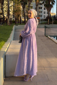 Kendinden Desenli Oversize Elbise Lila