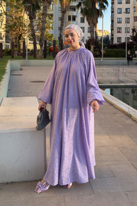 Kendinden Desenli Oversize Elbise Lila