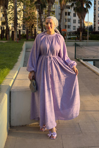 Kendinden Desenli Oversize Elbise Lila