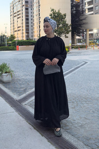 Kendinden Desenli Oversize Elbise Siyah