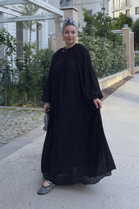 Kendinden Desenli Oversize Elbise Siyah