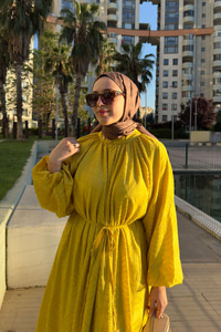 Kendinden Desenli Oversize Elbise Yağ Yeşil