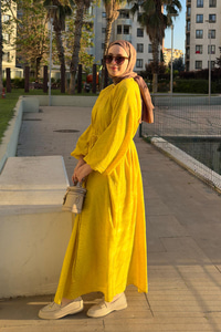 Kendinden Desenli Oversize Elbise Yağ Yeşil