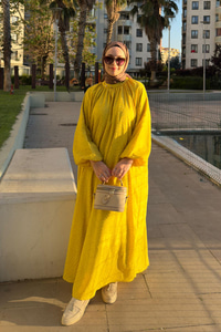 Kendinden Desenli Oversize Elbise Yağ Yeşil