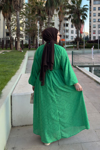 Kendinden Desenli Oversize Elbise Yeşil