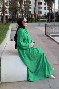 Kendinden Desenli Oversize Elbise Yeşil