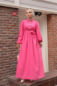 Kendinden Desenli Taş Detay Elbise Fuşya