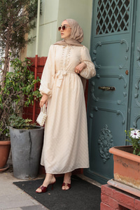 Kendinden Desenli Taş Detay Elbise Krem