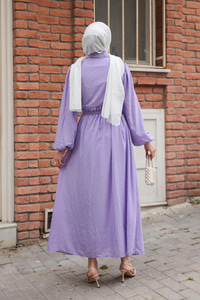 Kendinden Desenli Taş Detay Elbise Lila