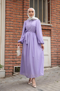 Kendinden Desenli Taş Detay Elbise Lila