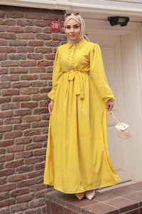 Kendinden Desenli Taş Detay Elbise Sarı