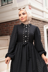 Kendinden Desenli Taş Detay Elbise Siyah