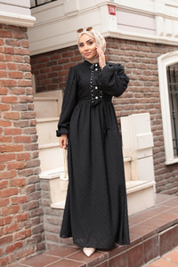 Kendinden Desenli Taş Detay Elbise Siyah