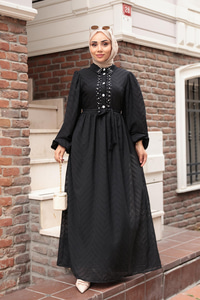 Kendinden Desenli Taş Detay Elbise Siyah