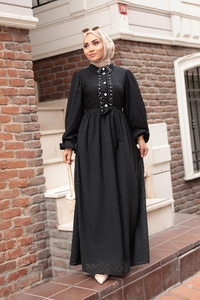 Kendinden Desenli Taş Detay Elbise Siyah