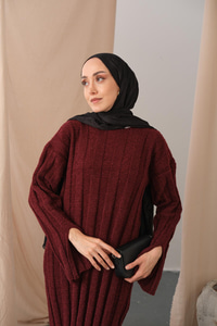 Kendinden Desenli Triko Elbise Bordo