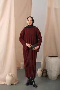 Kendinden Desenli Triko Elbise Bordo