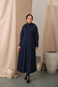 Kendinden Desenli Triko Elbise Lacivert