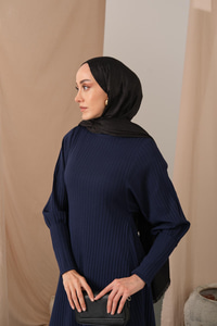 Kendinden Desenli Triko Elbise Lacivert