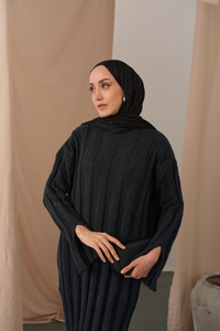 Kendinden Desenli Triko Elbise Petrol Mavi