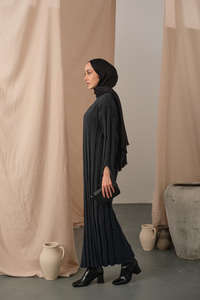 Kendinden Desenli Triko Elbise Petrol Mavi