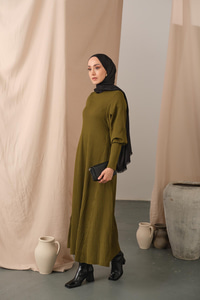 Kendinden Desenli Triko Elbise Yağ Yeşil