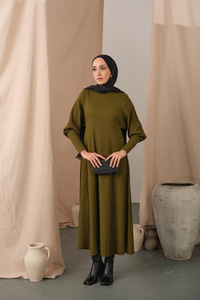 Kendinden Desenli Triko Elbise Yağ Yeşil