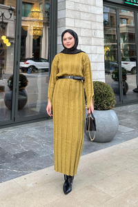 Kendinden Desenli Triko Elbise Yağ Yeşil