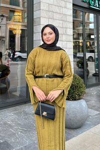 Kendinden Desenli Triko Elbise Yağ Yeşil