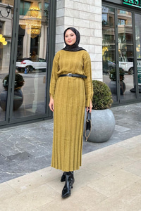 Kendinden Desenli Triko Elbise Yağ Yeşil