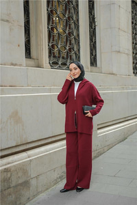 Kendinden Desenli Triko Takım Bordo