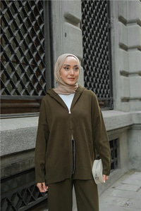 Kendinden Desenli Triko Takım Haki Yeşil