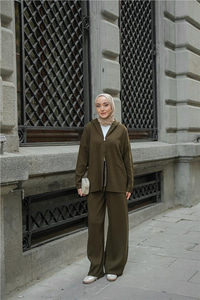 Kendinden Desenli Triko Takım Haki Yeşil