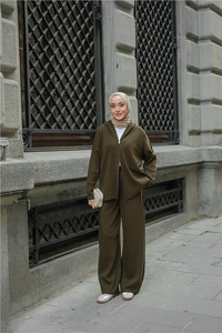 Kendinden Desenli Triko Takım Haki Yeşil