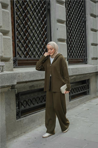 Kendinden Desenli Triko Takım Haki Yeşil