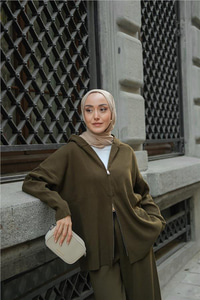 Kendinden Desenli Triko Takım Haki Yeşil