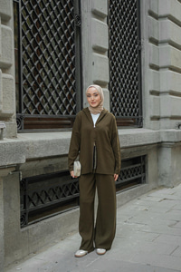 Kendinden Desenli Triko Takım Haki Yeşil