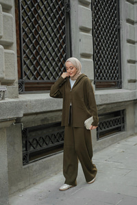 Kendinden Desenli Triko Takım Haki Yeşil