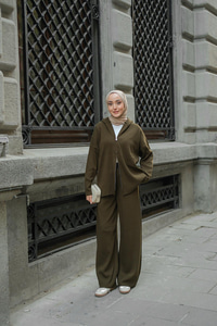 Kendinden Desenli Triko Takım Haki Yeşil