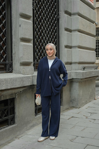 Kendinden Desenli Triko Takım Lacivert